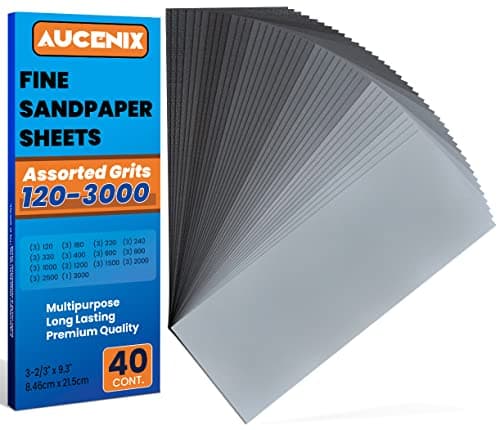 Image of Aucenix 40PCS Sandpaper, 120 to 3000 Mixed Grits Assorted Sanding Paper Pack for Wood, Fine & Coarse Wet & Dry Waterproof Abrasive Paper Sheets for Walls, Metal Plastic, Furniture Finishing, Polishing