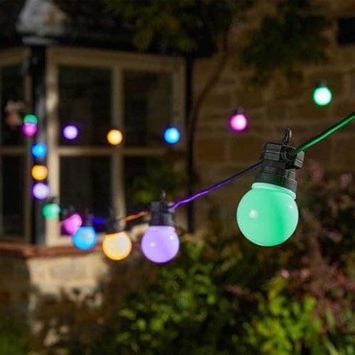 Image of Garden Mile 31ft Connectable Multicoloured LED Festoon String Lights - Mains Powered Waterproof Outdoor Fairy Lights with Timer Function - Automatic Garden Lighting for Indoor & Outdoor Decorations