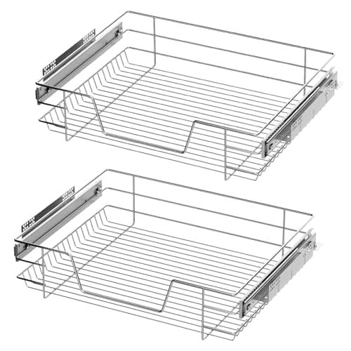 Image of XEMQENER Heavy Duty Kitchen Pull Out Wire Baskets Base Storage Unit, 2x600MM Slide Out Kitchen Utensil Holder Rack Larder Drawers Origanize with Buffer (for 600mm Width, 2 Pcs)