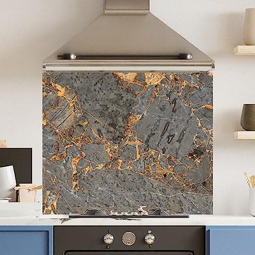 Image of Premium 90 cm x 75cm Grey Marble Glass 6mm Kitchen Splashback Heat Resistant Toughened Polished Edges - Back Splash Back Coloured Hob Painted Tempered Splashback