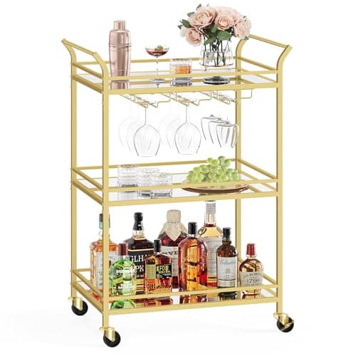 Image of VASAGLE 3-Tier Drinks Trolley, Gold Bar Serving Trolley on Wheels, with Mirrored Glass Shelves, for Small Spaces, Kitchen, Dining Room, Living Room, Home Bar, 38 x 60 x 92 cm, Gold LRC100A01