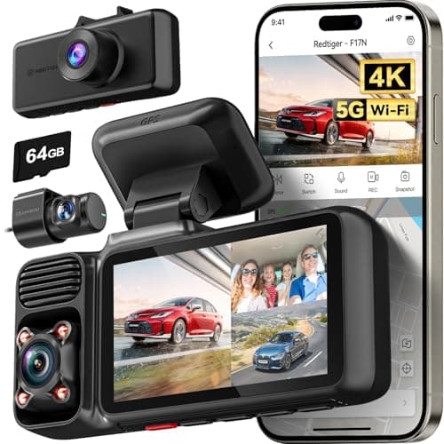 Image of REDTIGER 4K 3 Channel Dash Cam 5G WiFi Built-in GPS, Included 64GB Card, 2160P+1080P+1080P Front and Rear Inside, Loop Recording, Triple Car Camera with 3 Inch Screen, IR Night Vision, Parking Mode