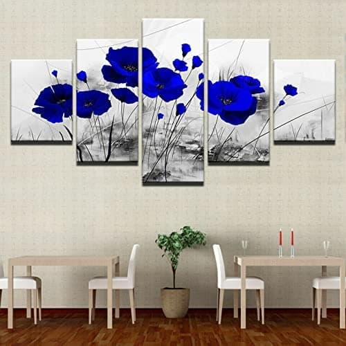 Image of 5 Panel Wall Art Blue Poppies Canvas 5 Pieces Canvas Painting Wall Art 5 Piece Canvas Wall Art Print Painting Canvas 5 Pieces Photo Canvas Wall Pictures Living Room Xl/Frameless 150 X 100 Cm