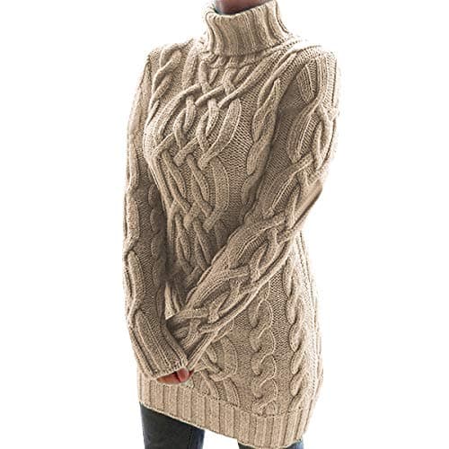 Image of Turtle Neck Long Jumpers Dresses For Women Oversized Cable Knit Jumper Dress Women Ladies Knitted Jumpers Womens High Neck Sweater For Women Pullover Sweaters Pullovers Thick Fitted Plain Khaki S