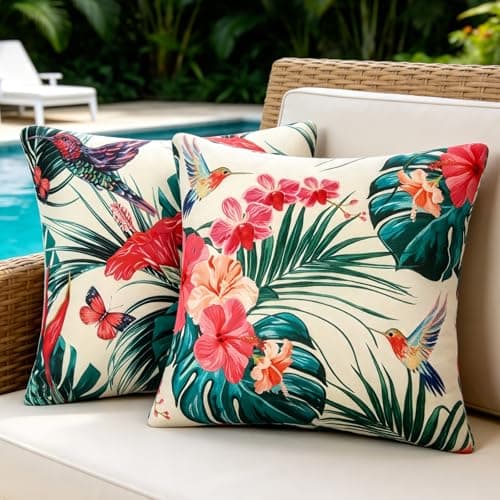 Image of Cushion Cover 40 x 40 cm Outdoor Waterproof Cushion Covers Colourful Flower Cushion Covers Monstera Leaves Decorative Summer Sofa Modern Linen for Living Room Garden Sofa Cushions Decoration 2 Pieces