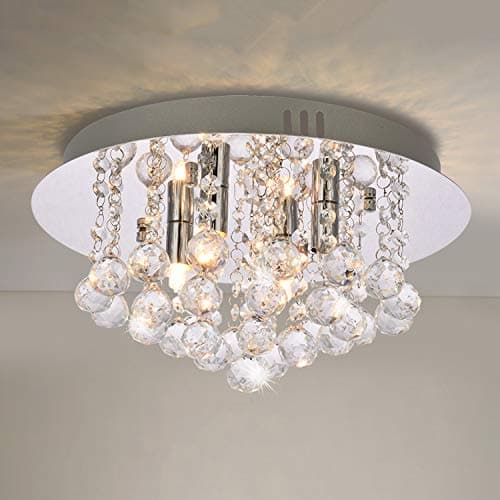 Image of A1A9 Modern Flush Mount Crystal Chandelier, K9 Crystal Droplet Round Chrome Ceiling Lights, Elegant LED Pendant Lamp Fixture for Living Room, Dining Room, Bedroom, Lounge D35cm (4 Lights)
