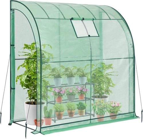 Image of Taylor & Brown Walk-In Lean to Wall Greenhouse, Heavy Duty Garden Plant Grow House with 2 Zippered Roll-Up Doors, Mesh Window and PE Cover, Outdoor Tunnel Growhouse, L200 x W100 x H215cm (Green)