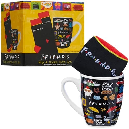 Image of Get Trend Friends Mug & Socks Set for Women & Teens, 315ml/11oz Durable Tea & Coffee Mug with Soft Casual Calf Socks, Stocking Fillers Gifts for Her (Black AOP Friends)