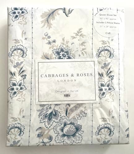 Image of Cabbages & Roses of London Luxurious Home Collection 100% Cotton Percale Crisp & Cool, Wrinkle Free Hotel Quality 3pc Duvet Set (India Rose Blue, Queen (U.S. Standard))