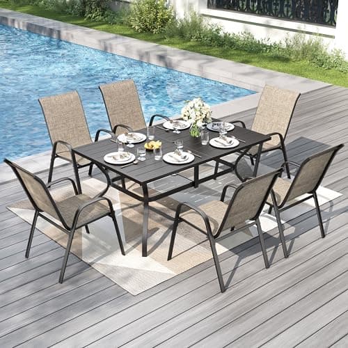 Image of PHI VILLA Garden Table and Chairs for 6, 7 Pieces Outdoor Dining Set with 1 Rectangular Metal Table and 6 Stackable Textilene Chairs, 6 Seater E-Coating Patio Table Set for Backyard Porch Poolside