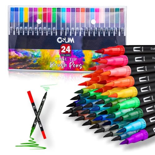 Image of OSUM Colouring Pens wallet of 24 | Felt Fine Tip Pens - Coloured Dual Tip Brush Markers and Fineliners Art Supplies for Adult Colouring Books Painting Sketching Highlighting (Modern)