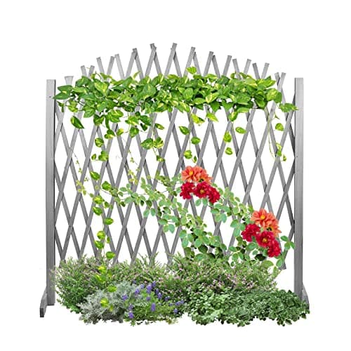 Image of Arched Expanding Freestanding Wooden Trellis Fence Solid Wooden Movable Fence Wood Decorative Lattice Screen Trellis, 105(H) x180(L) cm, Grey