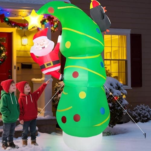 Image of 7FT Inflatables Christmas Tree 7FT Christmas Tree Inflatable Outdoor Decor Built-in 5 LEDs Combined with Santa Penguin Xmas Tree BlowUp Yard Decor for Yard Garden Lawn(with Storage Bag)