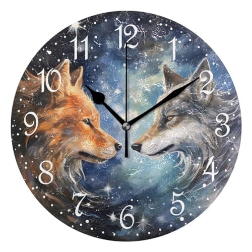 Image of Mnsruu Wall Clock Wolf Fox, Silent Non-Ticking Decorative Wall Clocks Battery Operated 25x25cm