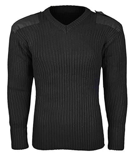 Image of Mens Army Pullover Security Military Jumper Knitted Sweater V Neck With Shoulder Epaulettes And Elbow Patches (Large, Black)