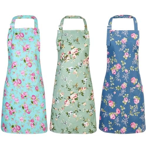 Image of KroY PecoeD 3pcs Vintage Flower Aprons, Adjustable Canvas Aprons with 2 Pockets Kitchen Cooking Apron Chef Bakers Aprons