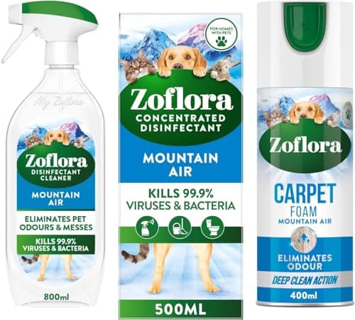 Image of Zoflora Mountain Air Concentrated Multipurpose Disinfectant Liquid, Antibacterial & Multi-Surface 500ml - Trigger Spray 800ml - Carpet Foam 400ml