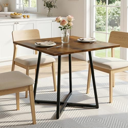 Image of Warmiehomy Wooden Dining Table for 2-4 People, 80cm Small Square Dining Room Table with Metal Legs for Home Apartment, Kitchen, Living Room, Reception, Restaurants, Rustic Brown