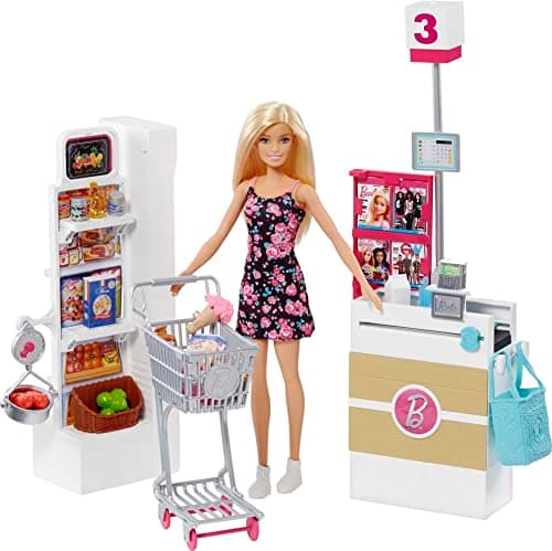 Image of Barbie Doll, Blonde, and Grocery Store with Rolling Cart and Working Belt,FRP01