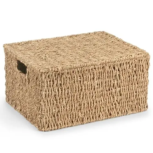 Image of Woodluv Storage Boxes with Lids, Woven Natural Seagrass, Nesting Storage Baskets for Shelves, Gift Hamper Basket | Shelf Hamper Organiser for Bathroom, Bedroom, Kitchen & Home Office, XLarge