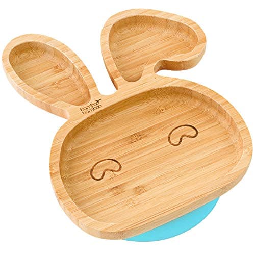 Image of bamboo bamboo Baby and Toddler Plate with Suction Cup for Feeding and Weaning, Bunny Shaped Bamboo Plates with Secure Suction for Babies from 6 Months (Bunny, Blue)