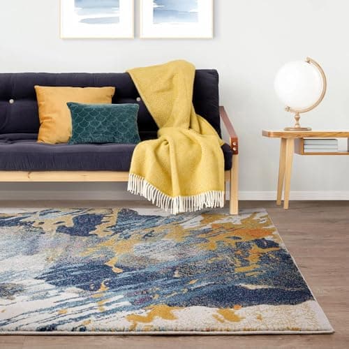 Image of Lord of Rugs Nova Abstract Rug for Living Room, Dining, Bedroom, Kitchen, Hallway Carpet Soft Durable Vibrant Coloured Pictorial Modern Area Rug NV41 Sonic Blue Gold, Medium 120 x 170 cm (4'x5'6")