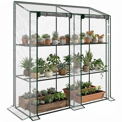 Image of Outsunny 3 Tier Lean-to Mini Greenhouse with Reinforced Plastic Cover, Portable Indoor Outdoor Green House with 2 Roll-up Doors and 6 Wire Shelves, 151H x 143W x 46Dcm, Clear