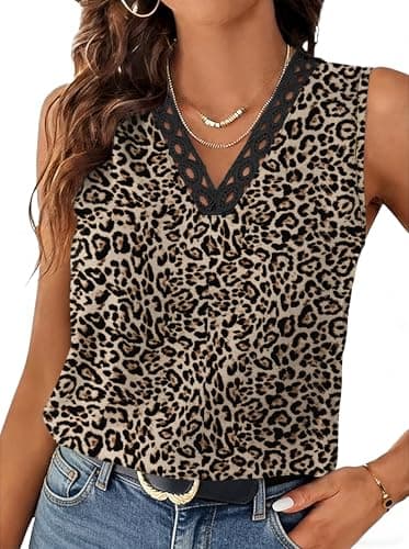 Image of Aokosor Vests for Women V Neck Lace Summer Tops Sleeveless Casual Tank Leopard Size 18-20