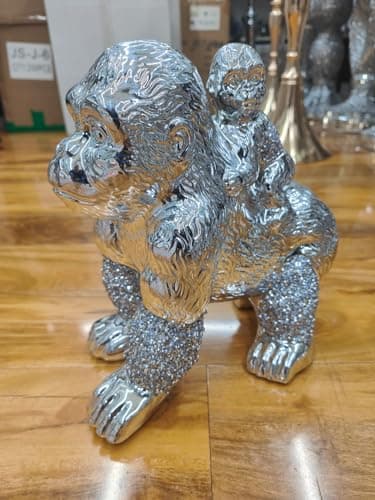 Image of Biznest Gorilla and Baby Sparkle Ornament Bling Crushed Diamond Gift Silver Monkey Animal sculpture Truths of Man statuette all Occasion, Home Decor