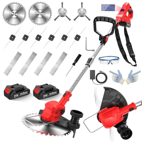 Image of FORLUOAI Cordless Strimmer 21V with 2×2000mAh Battery & Charger,Grass Trimmer Cordless with 14 Blades Cutting System, LCD Display, Adjustable Telescopic Garden Strimmer for Lawn, Edging & Weeds