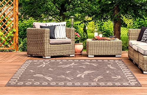 Image of Lord of Rugs Terrace Dragonfly Outdoor Rug for Garden, Patio, Living Room, Indoor, Kitchen, Balcony, Picnic, Bedroom Bordered Lightweight Mat Flatweave Rug Taupe/Natural Small 80x150 cm (2'6"x5')