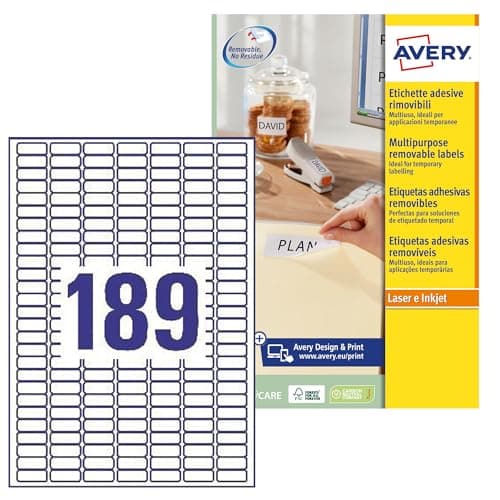 Image of Avery Removable, Printable, Multi Purpose Labels, Multi Surface, 25.4 x 10 mm, White, 189 Labels per Sheet, 4725 Blank Labels per Pack (L4731REV-25)