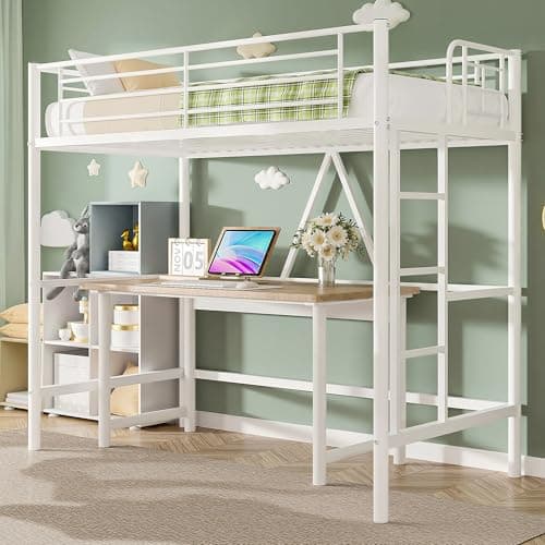 Image of VECELO Metal Bunk Bed Single Size, High Sleeper Bedframe 90×190cm with Removable Ladder and Safety Guardrail, Space-Saving, Noise Free, No Box Spring Needed, White