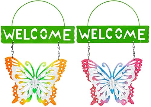 Image of 2 x Rainbow Butterfly Welcome Signs Garden Wall Hanging Metal Plaque Decoration Sign