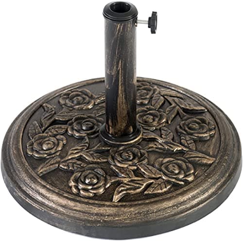 Image of Straame 12KG Cast Iron Effect Garden Parasol Base - With Floral Rose Design - For Outdoor Furniture Umbrella, Canopy - Easy to Assemble, Heavy Duty Weather Resistant (Cast Iron Effect - 12 kg)