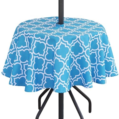 Image of 3E Home Outdoor Tablecloth with Parasol Hole and Zipper, 60 Inch Round Heavy Duty Oxford Fabric Table Cover, Wipe Clean Water Repellent Tablecloths for Patio Garden, Picnic (Blue & white-lattice)