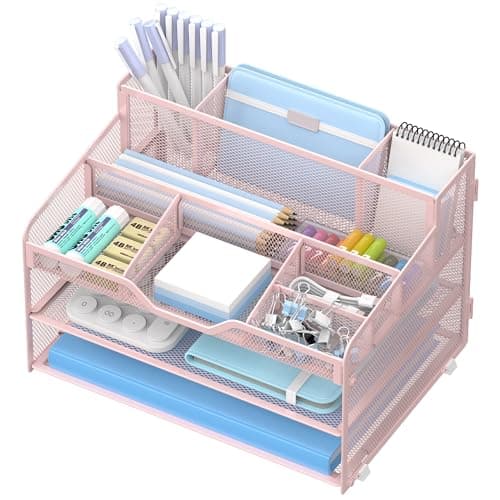 Image of OrgMate 3 Tier Mesh Desk Organizer,Multi Functional Letter Paper Tray with 3 Pen Holders and 5 Adjustable Storage Compartments for Office Supplies Files and Mail Space Saving Desktop Organizer-Pink