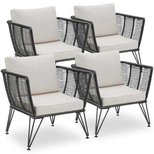 Image of tectake® Set of 4 Garden Chairs in Rope Design, Outdoor Lounge Chair Set with Weather-Resistant Polyrattan, Robust Steel Frames & Water-Repellent Cushions, Ideal Patio, Balcony & Garden Furniture Set