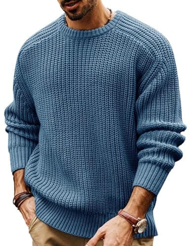 Image of PJ PAUL JONES Men's Crewneck Jumpers Chunky Knit Jumper Long Sleeve Sweater Denim Blue S