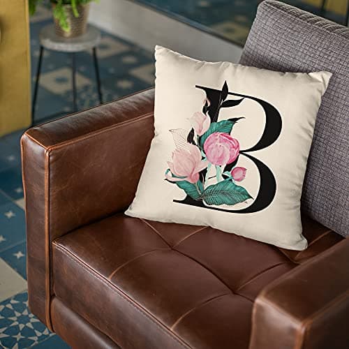 Image of Personalised Floral Initial Cushion Cover, Girls Gifts For Birthdays 100% Cotton Square Home Throw Pillow and Insert for Couch, Sofa, Chair, Bedroom or Living Room, Cover & Pad, Natural