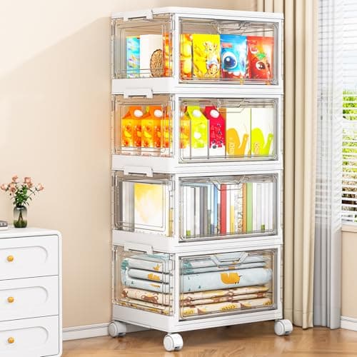 Image of StowBin Storage Boxes with Lid - Plastic Storage Bins with 1 Lid,28L*4Tier Clear Stackable Storage Boxes with Wheels,Large Bins Organizer for Bedroom Living Room Bathroom, Clear
