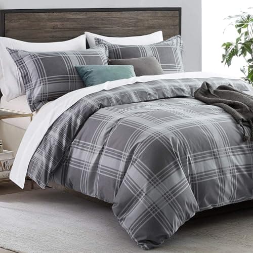 Image of Imperial Rooms Single Duvet Cover Set Soft Printed Bedding Set Premium Brushed Microfiber Duvet Covers with Pillowcase (Grey Check 135x200 CM)