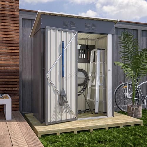 Image of BIRCHTREE Metal Garden Shed Pent Roof 3X5FT Small Outdoor Storage Cabinet Hinge Door No Foundation Base Grey