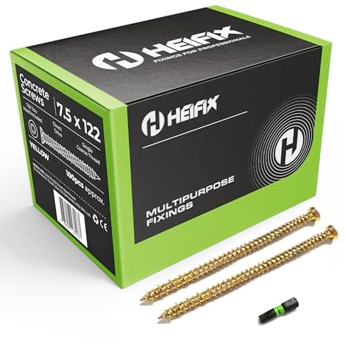 Image of Heifix Carbon Steel Zinc-Plated Concrete Screws (QTY 100, 7.5mm x 122mm) FREE T30 Torx Bit Included - Flat Countersunk Head with Locking Ribs, Deep High/Low Thread for Maximum Hold