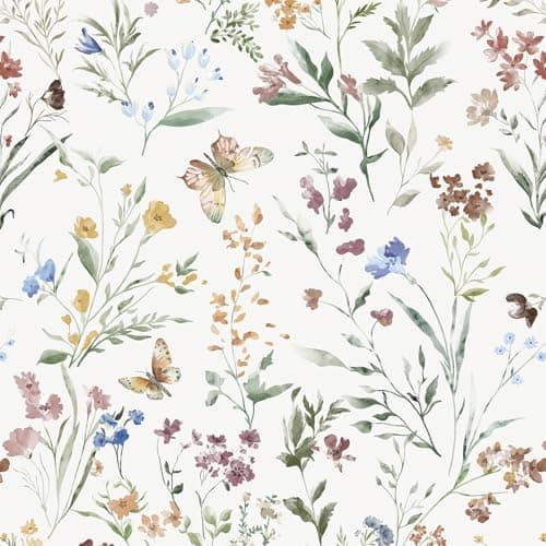 Image of Yomshi Self Adhesive Wallpaper Colorful Butterfly and Floral Vinyl Wrap 44 x 300 cm Boho Watercolor Contact Paper Peel and Stick Wallpaper for Cabinet Walls Nursery Reduces Bubble Waterproof Removable