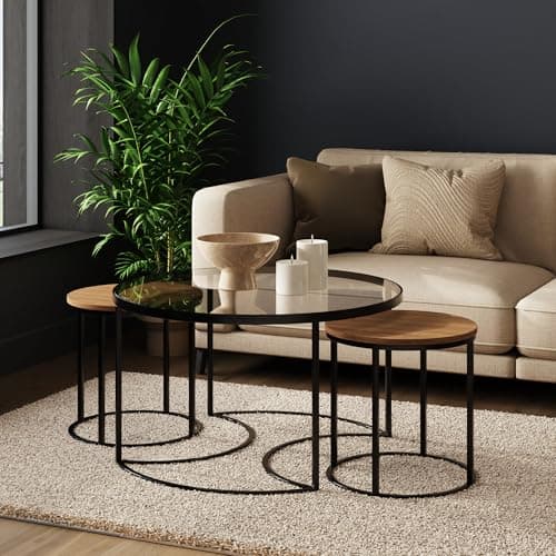 Image of GFW Femi Round Nesting Coffee Tables Set of 3 – Modern Black Metal Frame & Wood Effect Top – Space Saving Stackable Side Tables for Living Room, Lounge or Bedroom