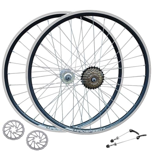 Image of Madspeed7 QR 26" (ETRTO 559x19) Mountain MTB Bike Wheel Set + 7 Speed Freewheel (14-28t) + 160mm Disc Brake Rotors – Sealed Bearings Hubs (Very Smooth Hubs) – Double Wall – 32x Silver Spokes