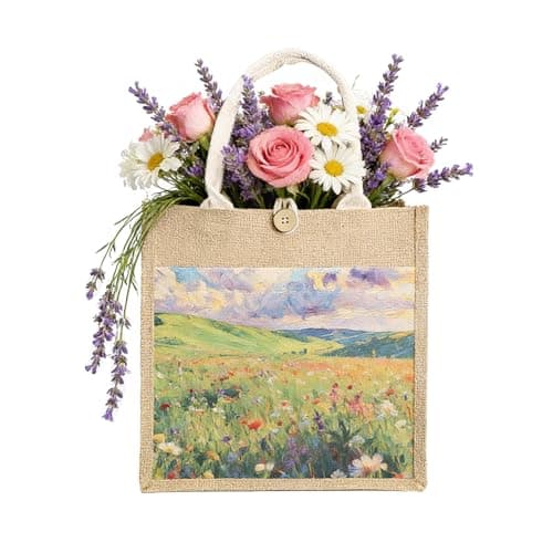 Image of CAZSYSDD Jute Tote Bag with Floral Design – Grandmother Reusable Shopper Bag, Nanny Gift, Grandma Gift, Ideal present for Mother’s Day, Birthdays, Chrismas (Mountain front flowers 30)