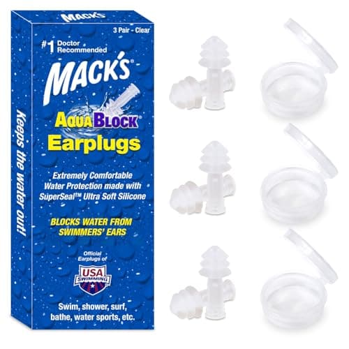 Image of Mack's AquaBlock Swimming Earplugs, 3 Pair - Comfortable, Waterproof, Reusable Silicone Ear Plugs for Swimming, Snorkeling, Showering, Surfing and Bathing (Clear)