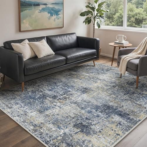 Image of GENIMO Rug Living Room 200x290cm, Extra Large Modern Abstract Area Rugs Washable, Non-Slip Floor Carpet, Low Pile, Non-Shedding, Dining Room, Bedroom, Kitchen, Indoor, Multi-Tone Blue Abstract